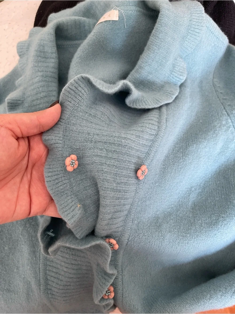 Ruffled V-Neck Women's Sweater Cardigan - Seafoam Blue